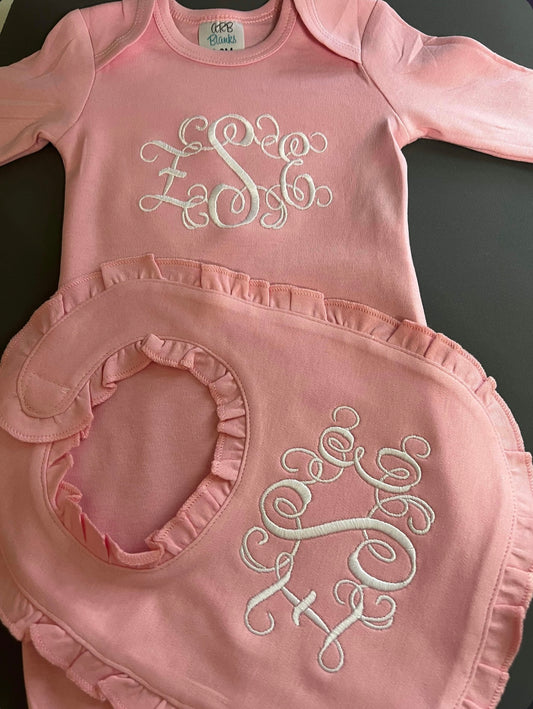 Embroidered Ruffle Long Sleeve Baby Gown and Bib Set